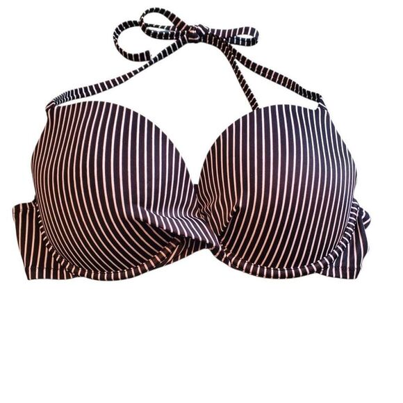Shade & Shore Twist Front Molded Cup Black And White Striped Bikini Swimsuit Top - Picture 1 of 6